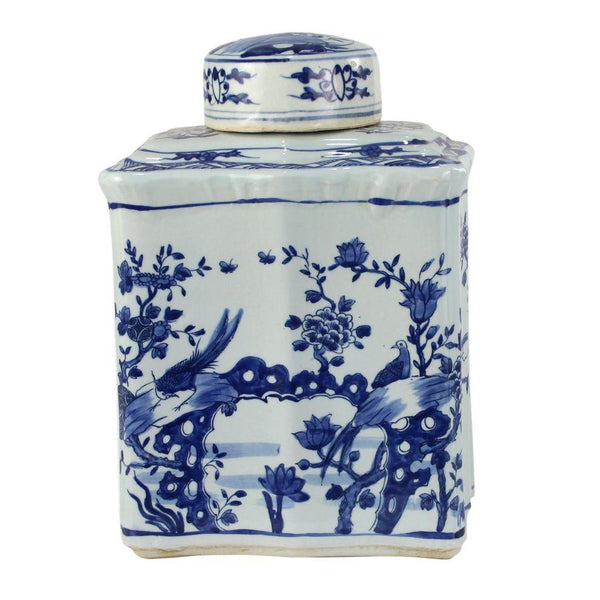 Blue And White Curved Tea Jar Bird Floral Design - BlueJay Avenue