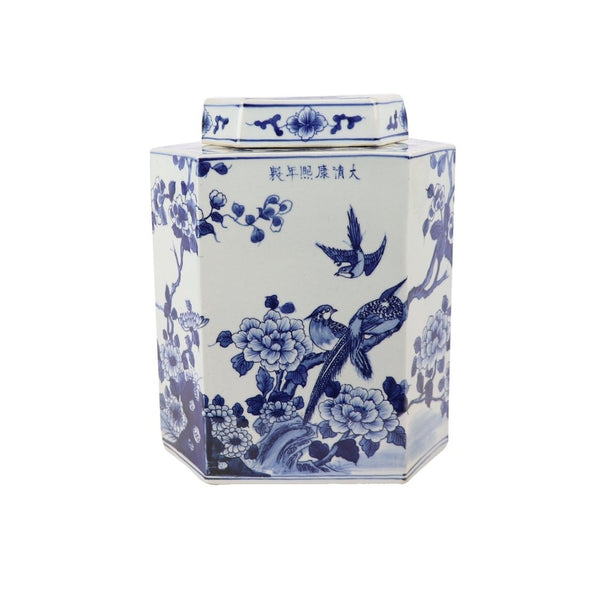 Blue And White Flat Hex Bird Floral Jar - BlueJay Avenue