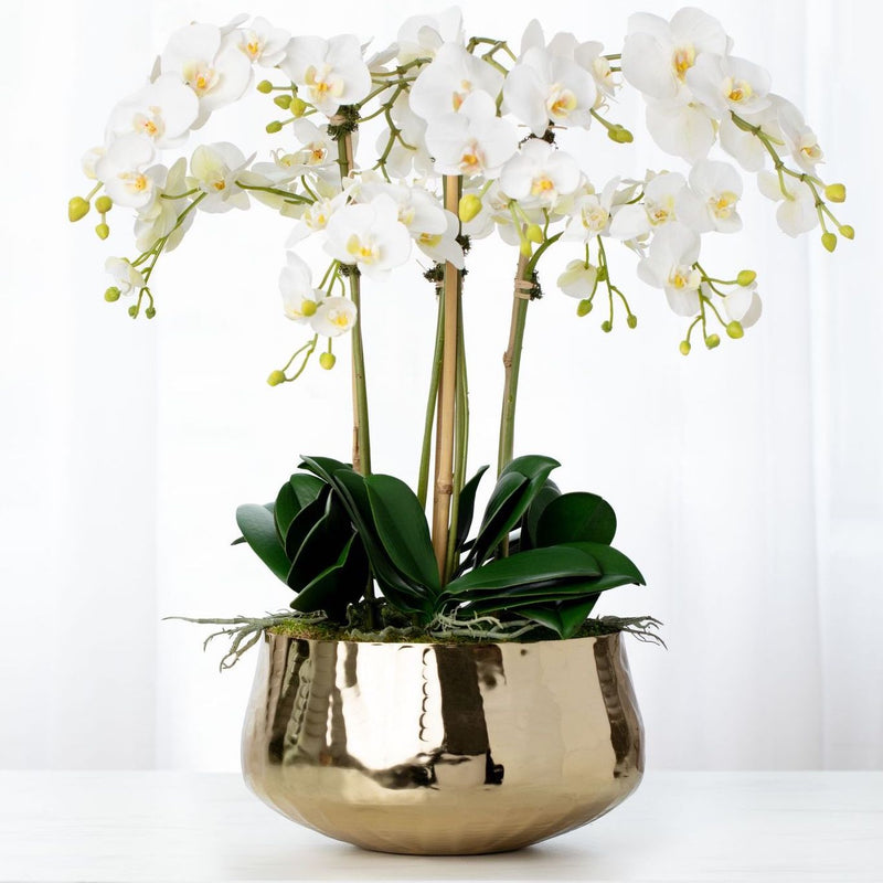 Artificial White Orchid Flower Arrangement in Gold Pot 26"