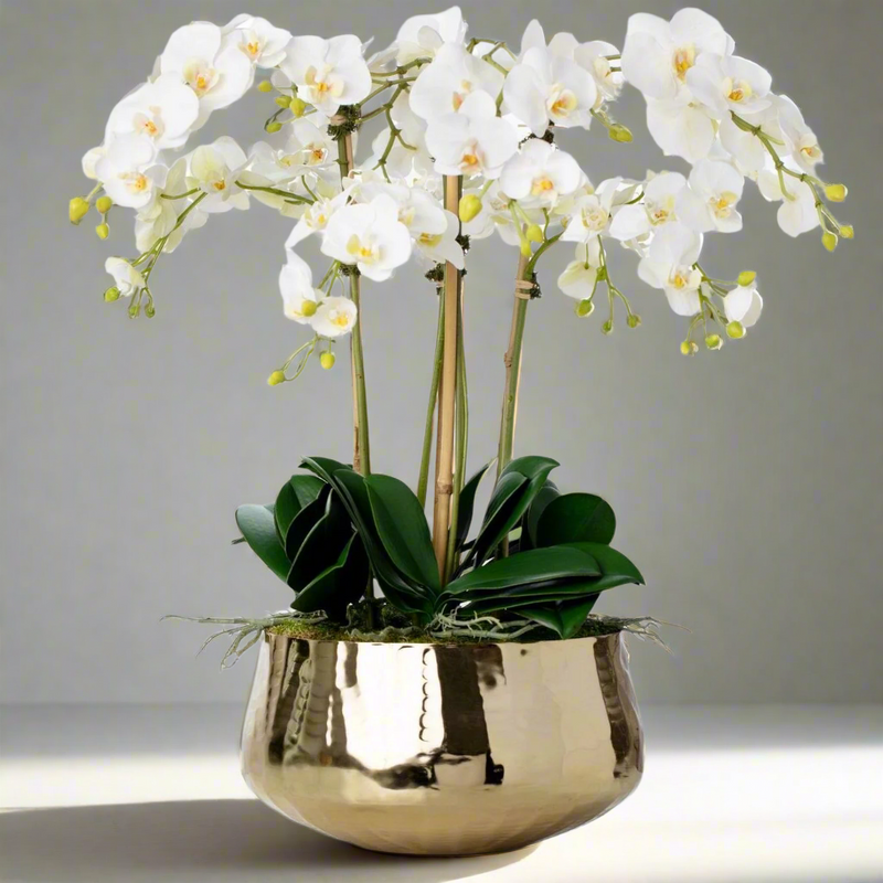 Artificial White Orchid Flower Arrangement in Gold Pot 26"