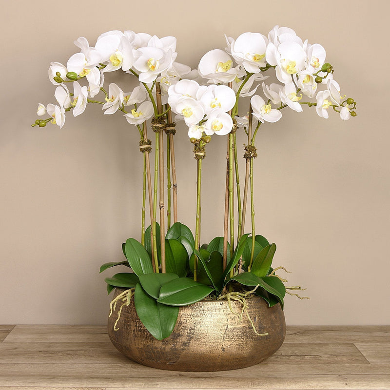 Artificial White Orchid Flower Arrangement in Gold Planter