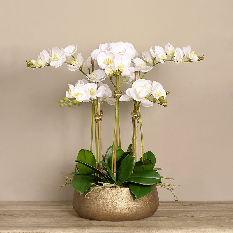 Artificial White Orchid Flower Arrangement in Gold Planter