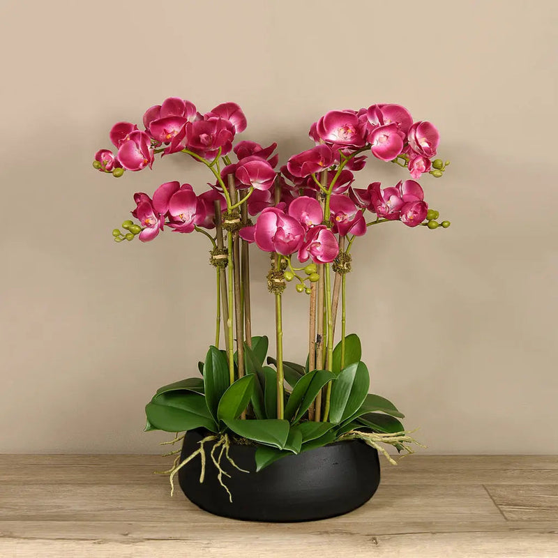 Pink Artificial Orchid Flower Arrangement in Black Planter - BlueJay Avenue