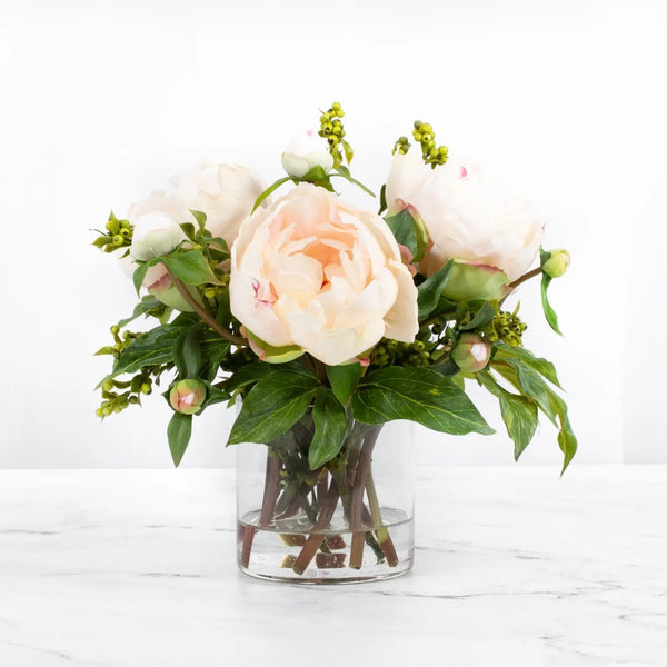 Pink Peony with Berries Artificial Flower in Tall Glass Vase, 10" - BlueJay Avenue