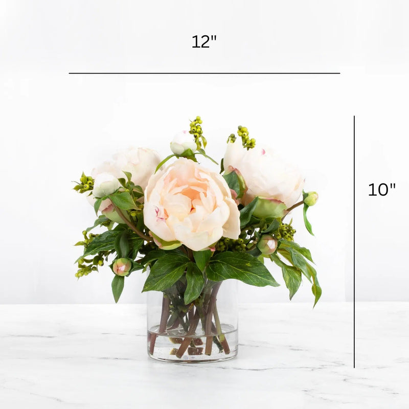 Pink Peony with Berries Artificial Flower in Tall Glass Vase, 10" - BlueJay Avenue