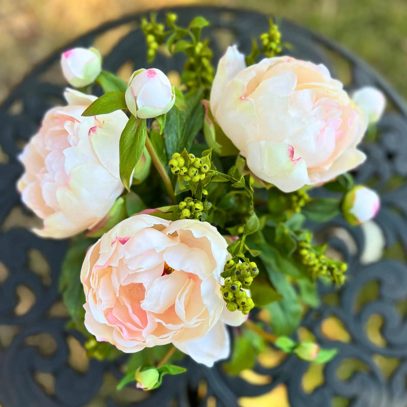 Pink Peony with Berries Artificial Flower in Tall Glass Vase, 10" - BlueJay Avenue
