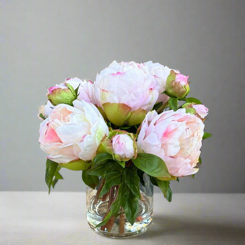 Pink Artificial Peony Flower Arrangement in Tall Glass Vase - 10" - BlueJay Avenue