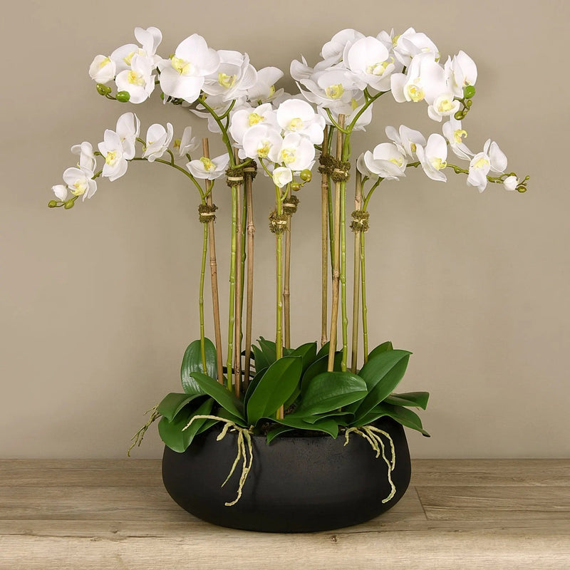 Artificial White Orchid Flower Arrangement in Black Planter