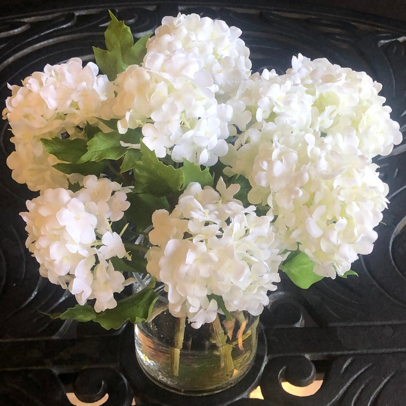 White Hydrangea Artificial Flower Arrangement in Glass Vase - 8 in