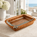 Orchid Hand Woven Wicker Rattan 3 Quart Casserole Dish Holder with Glass Baking Dish