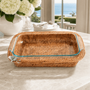 Orchid Hand Woven Wicker Rattan 3 Quart Casserole Dish Holder with Glass Baking Dish
