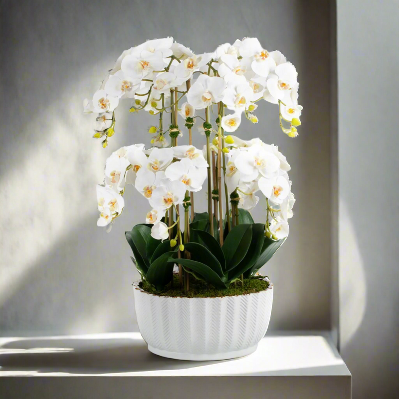 Artificial White Orchid Flower Arrangement in White Vase