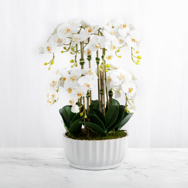 Artificial White Orchid Flower Arrangement in White Vase