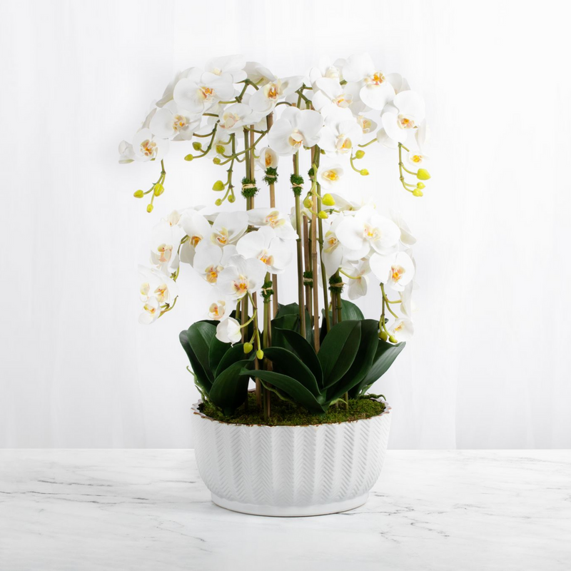 Artificial White Orchid Flower Arrangement in White Vase