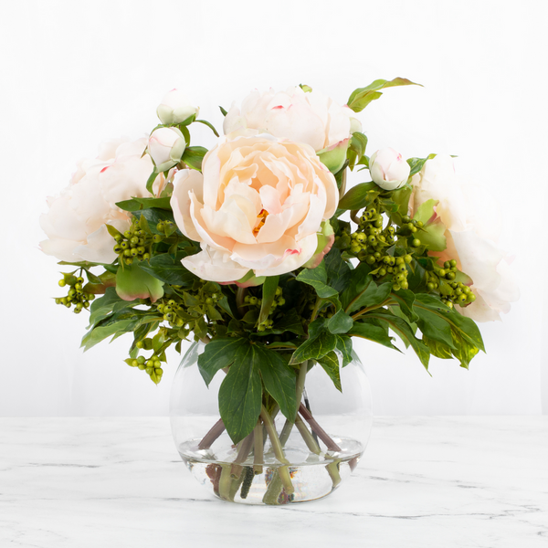 Peony Artificial Flower in Round Glass Vase - BlueJay Avenue