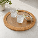 Hand Woven Round Rattan Serving Tray with Glass Insert - BlueJay Avenue