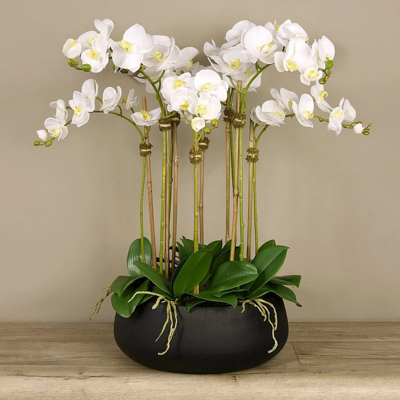Artificial White Orchid Flower Arrangement in Black Planter - BlueJay Avenue