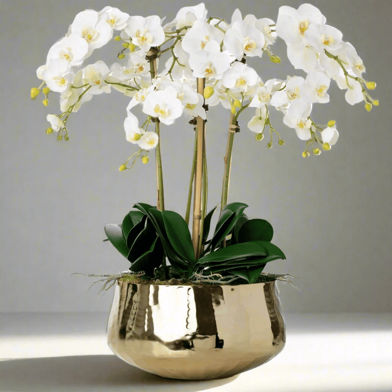 Artificial White Orchid Flower Arrangement in Gold Pot 26" - BlueJay Avenue
