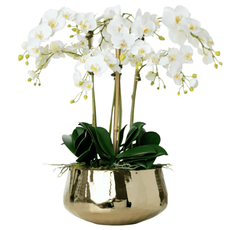 Artificial White Orchid Flower Arrangement in Gold Pot 26" - BlueJay Avenue