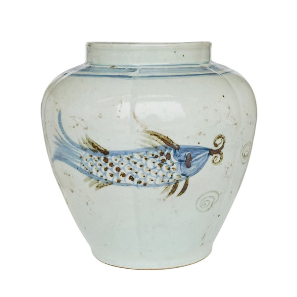 Barclay Butera Porcelain Fluted Open Top Spalshing Koi Ginger Jar - BlueJay Avenue
