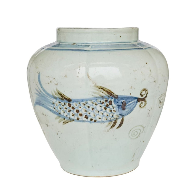 Barclay Butera Porcelain Fluted Open Top Spalshing Koi Ginger Jar - BlueJay Avenue