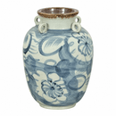Blue And White Four Loop Porcelain Jar Twisted Flower Motif With Brown Lip - BlueJay Avenue