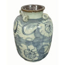 Blue And White Four Loop Porcelain Jar Twisted Flower Motif With Brown Lip - BlueJay Avenue