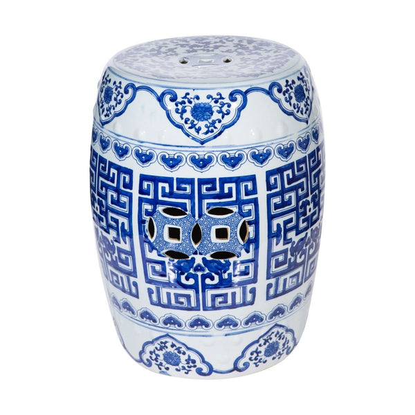 Blue and White Round Geometric Garden Stool - BlueJay Avenue
