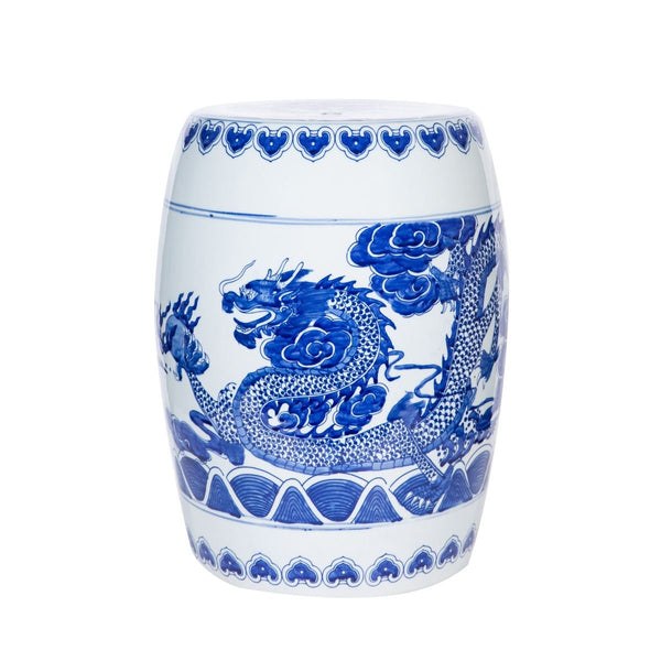 Blue & White Garden Stool Dragon Cloud Motif - BlueJay Avenue