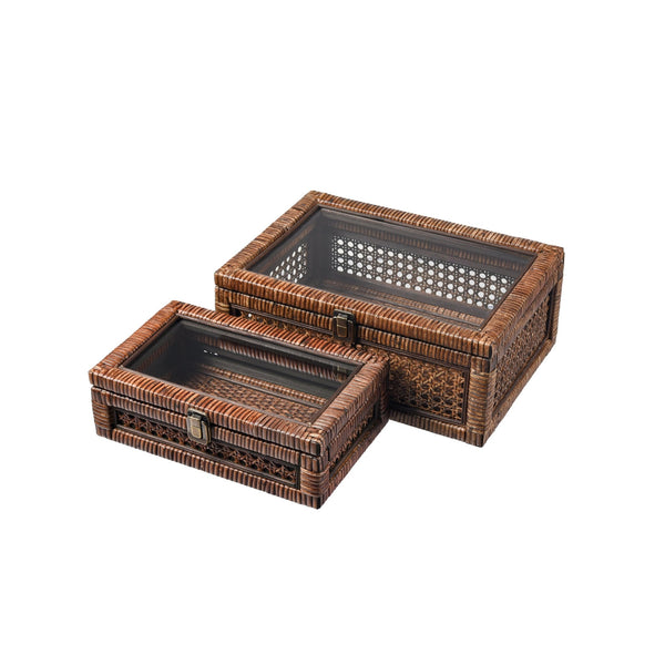 Bowman Set of 2 Rich Brown Rattan Storage Box - BlueJay Avenue
