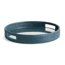 Burma Rattan Blue Round Serving Tray with Glass Insert - BlueJay Avenue