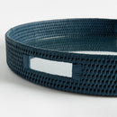 Burma Rattan Blue Round Serving Tray with Glass Insert - BlueJay Avenue