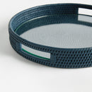 Burma Rattan Blue Round Serving Tray with Glass Insert - BlueJay Avenue