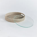 Burma Rattan Grey Round Serving Tray with Glass Insert - BlueJay Avenue