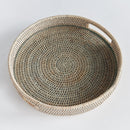 Burma Rattan Grey Round Serving Tray with Glass Insert - BlueJay Avenue