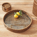 Burma Rattan Round Serving Tray with Glass Insert, Brown - BlueJay Avenue