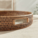 Burma Rattan Round Serving Tray with Glass Insert, Brown - BlueJay Avenue