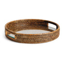 Burma Rattan Round Serving Tray with Glass Insert, Brown - BlueJay Avenue