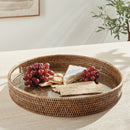 Burma Rattan Round Serving Tray with Glass Insert, Brown - BlueJay Avenue