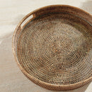 Burma Rattan Round Serving Tray with Glass Insert, Brown - BlueJay Avenue