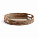 Burma Rattan Round Serving Tray with Glass Insert, Brown - BlueJay Avenue