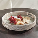 Burma Rattan Round Serving Tray with Glass Insert, Whitewash - BlueJay Avenue