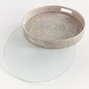 Burma Rattan Round Serving Tray with Glass Insert, Whitewash - BlueJay Avenue