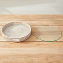 Burma Rattan Round Serving Tray with Glass Insert, Whitewash - BlueJay Avenue