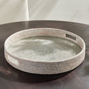 Burma Rattan Round Serving Tray with Glass Insert, Whitewash - BlueJay Avenue