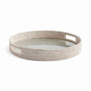 Burma Rattan Round Serving Tray with Glass Insert, Whitewash - BlueJay Avenue