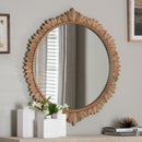Caitlin Wood Antique Gold Finish Round Wall Mirror with Carved Leaf Border - BlueJay Avenue