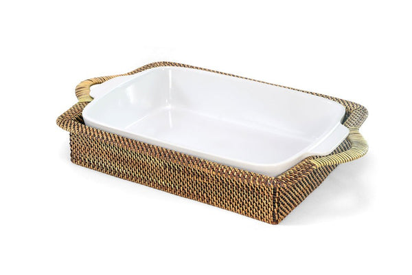 Calaisio Rectangular Stoneware Casserole Dish with Handwoven Basket, 3QT/2QT - BlueJay Avenue