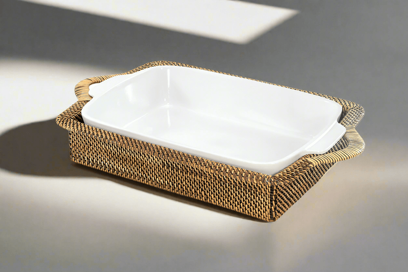 Calaisio Rectangular Stoneware Casserole Dish with Handwoven Basket, 3QT/2QT - BlueJay Avenue