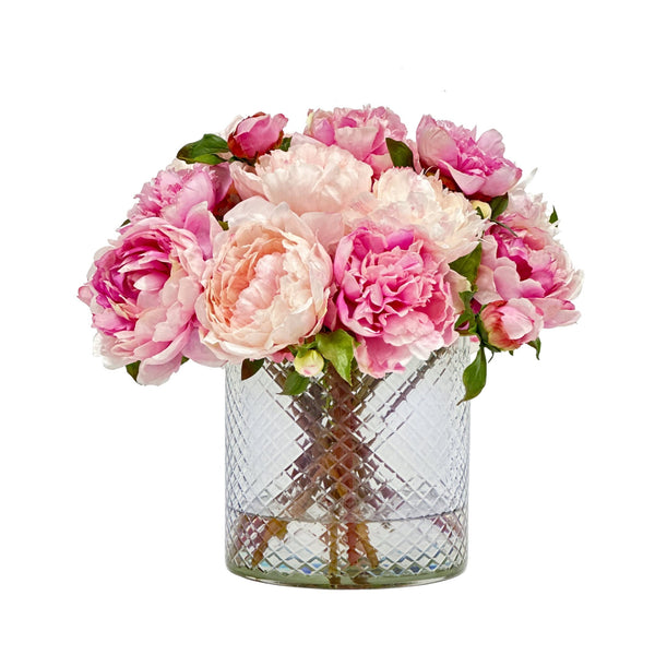 Faux Peony Arrangement in Cut Glass 15'' - BlueJay Avenue